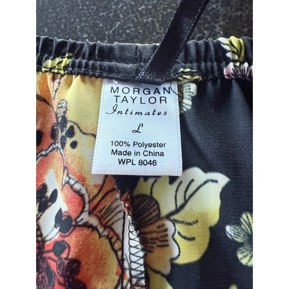 Morgan Taylor Large Silky Satin Black Floral Pajama Set PJ'S Fairy Garden Whimsy